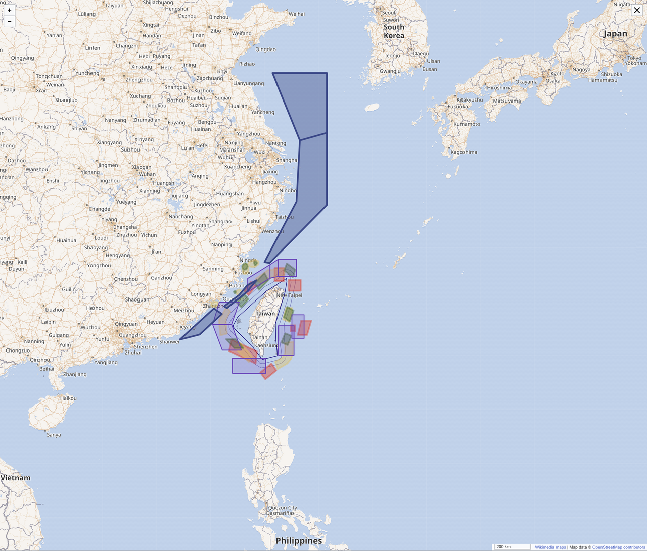 2022 年以來中國人民解放軍在臺灣周邊的演訓區域示意，維基共享資源／公共領域